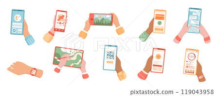 Hands holding mobile phones set, using apps on screens. Users interact with social media and demonstrate gestures. Concept of mobile technology, digital communication, and user design. 119043958