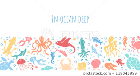 Colorful banner design with marine creatures like octopus, jellyfish, and sea turtle amongst aquatic plants. Vibrant underwater life in a detailed vector set, depicting sea and ocean reef. 119043959