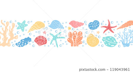 Colorful corals, seashells, and starfish art. Graphic underwater pattern showing beautiful marine life in the reef. Ocean art with bubbles and vibrant underwater flora for sea themed designs. Colorful corals, seashells, and starfish art. Graphic underwater pattern showing beautiful marine life in the reef. Ocean art with bubbles and vibrant underwater flora for sea themed designs. 119043961