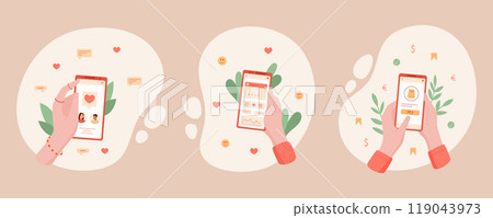 Set of hands holding smartphones displaying various apps for media, chat, and payment services. Digital phone cartoon design highlighting online interaction and communication. Ideal for modern graphic 119043973