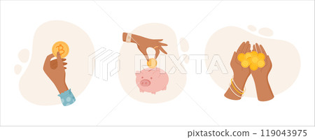 Hand hold coin, deposit in piggy bank, exchange money in cartoon collection. Isolated concept of financial actions, investing, saving. Ideal for finance, banking, charity themes. Hand hold coin, deposit in piggy bank, exchange money in cartoon collection. Isolated concept of financial actions, investing, saving. Ideal for finance, banking, charity themes. 119043975