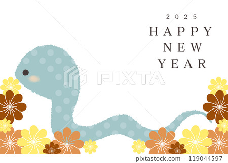 2025年簡單的新年卡片，有十二生肖蛇和可愛的花朵 119044597