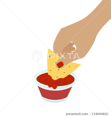 Female hand dipping corn nacho in glass gravy boat with salsa sauce. Traditional Mexican fast food 119044602