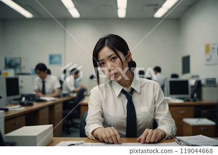 AI-generated image of a female employee fed up with her boss's constant changes 119044668