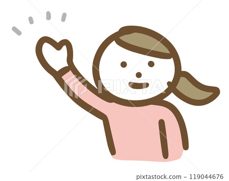 一位身著休閒裝的年輕女子麵帶微笑，舉起手（上半身，正面視角） 119044676