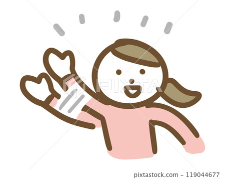 一位身著休閒裝的年輕女子麵帶微笑，揮手致意（上半身，正面視角） 119044677