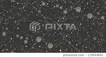 Seamless space pattern with stars and planets on black background for tarot, astrology. Mystical sky abstract ornament for wallpaper, wrapping paper. Vector illustration. 119044681