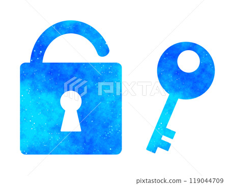 Blue starry sky | Open padlock and key symbol Blue starry sky | Open padlock and key symbol 119044709