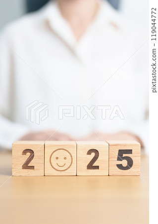 Happy New Year 2025 with Smile block. Satisfaction, feedback, Review, mental health, eco sustainable and good concept 119044772
