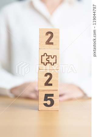 2025 block with jigsaw puzzle icon. Business Process, Team, teamwork, Goal, mission, Resolution, strategy, plan, Action, partnership, and New Year start 2025 block with jigsaw puzzle icon. Business Process, Team, teamwork, Goal, mission, Resolution, strategy, plan, Action, partnership, and New Year start 119044787