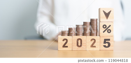 2025 New year with percentage change to UP and Down arrow with coin stack. Interest rate, GDP, stocks market, financial, deflation and Inflation, mortgage, debt, Loan and Economic Recession 119044818