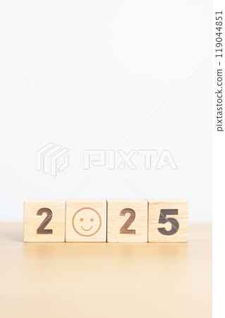 Happy New Year 2025 with Smile block. Satisfaction, feedback, Review, mental health, eco sustainable and good concept 119044851
