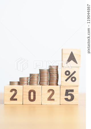 2025 New year with percentage change to UP and Down arrow with coin stack. Interest rate, GDP, stocks market, financial, deflation and Inflation, mortgage, debt, Loan and Economic Recession 2025 New year with percentage change to UP and Down arrow with coin stack. Interest rate, GDP, stocks market, financial, deflation and Inflation, mortgage, debt, Loan and Economic Recession 119044867