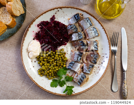 Cold smoked mackerel with beetroot and green peas Cold smoked mackerel with beetroot and green peas 119044924