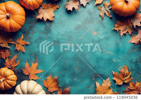 Pumpkins and vibrant autumn leaves arranged on a textured turquoise background, evoking a festive fall and Thanksgiving vibe. 119045036