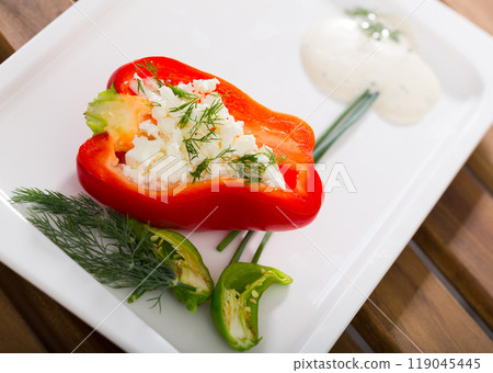 Bulgarian dish - stuffed pepper with brynza 119045445
