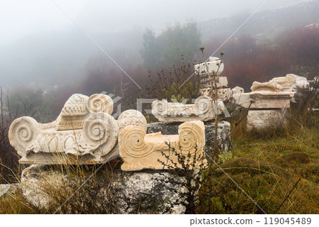 Remained architectural elements at Turkish archaeological site of Sagalassos 119045489