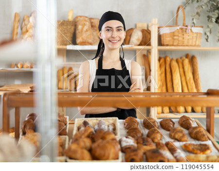 Armenian young woman work selling in family bakery shop 119045554