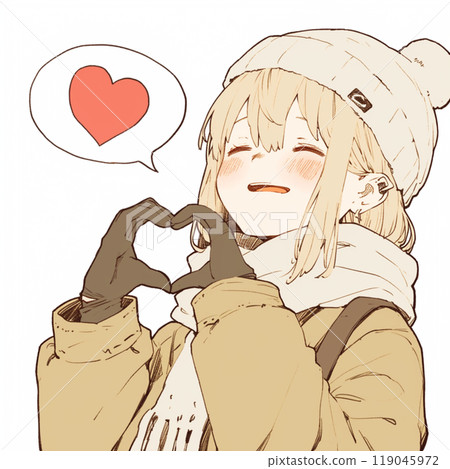 A girl dressed in winter clothes making a heart sign with a heart speech bubble 119045972