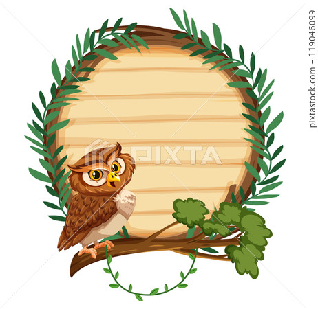 Owl on Branch with Wooden Sign 119046099