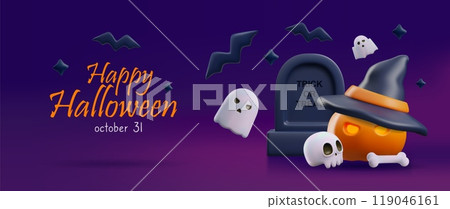 3D vector banner with spooky background, hat, ghost, pumpkin, bats, skull, and gravestone 119046161