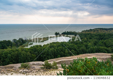 View of Swan Lake from observation deck on Olenya Buda dunes. Curonian Spit National Park. Russia View of Swan Lake from observation deck on Olenya Buda dunes. Curonian Spit National Park. Russia 119046632