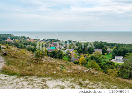View from hill to village of Morskoe and bay. Curonian Spit. Kaliningrad region. Russia View from hill to village of Morskoe and bay. Curonian Spit. Kaliningrad region. Russia 119046634