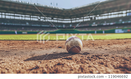 close up view of baseball resting on dirt of baseball field, with stadium in background. scene captures essence of game, evoking feelings of anticipation and excitement close up view of baseball resting on dirt of baseball field, with stadium in background. scene captures essence of game, evoking feelings of anticipation and excitement 119046692