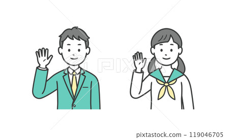 Upper body illustration of male and female students raising one hand in greeting Upper body illustration of male and female students raising one hand in greeting 119046705