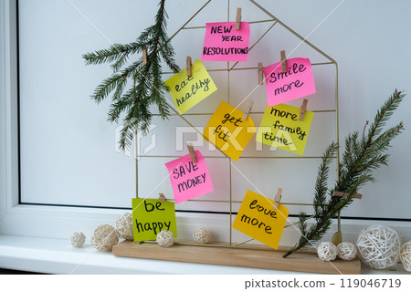 Vision board with new year resolutions aims goals on sticky notes. Preparation for New Year. Planning and setting goals for personal development Vision board with new year resolutions aims goals on sticky notes. Preparation for New Year. Planning and setting goals for personal development 119046719
