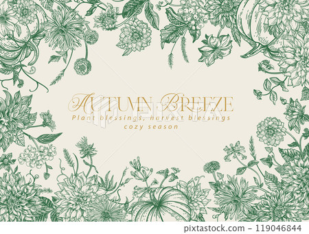 Floral Frame. Pompkins and Flowers. Autumn BackGround. Green. Floral Frame. Pompkins and Flowers. Autumn BackGround. Green. 119046844