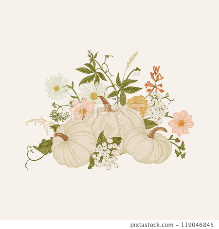 Thanksgiving card. Composition with pumpkins 119046845