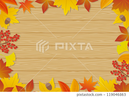Frame illustration with autumn leaves, wood grain, landscape orientation Frame illustration with autumn leaves, wood grain, landscape orientation 119046863