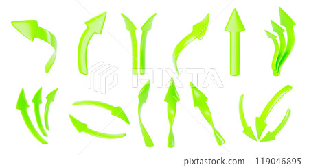 3d set of green arrow isolated render icon set. Realistic straight, curved, spiral direction pointer up, down, left and right. Double, triple and circular symbol for infographic. 3D illustration 119046895