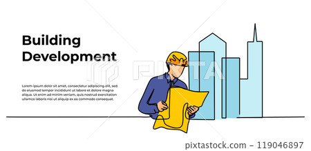 Vector illustration of construction contractors holding blueprints. Modern flat in continuous line style. 119046897