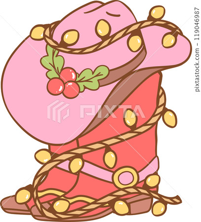 retro Christmas pink cowboy hat and red boot retro Christmas pink cowboy hat and red boot 119046987