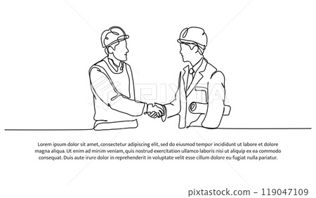 One line continuous of contractors work together. Minimalist style vector illustration in white background. 119047109
