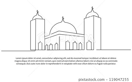 Continuous line design of modern mosque. Future building design concept. Decorative elements drawn on a white background. 119047255