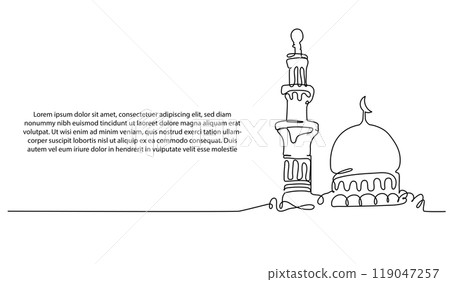 Mosque continuous line design. Islamic architectural design concept. Celebration of Ramadan, Eid al-Fitr Eid al-Adha and Islamic New Year. Decorative elements drawn on a white background. 119047257