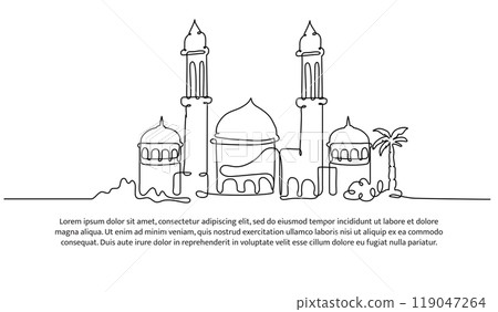 Mosque continuous line design. Islamic architectural design concept. Celebration of Ramadan, Eid al-Fitr Eid al-Adha and Islamic New Year. Decorative elements drawn on a white background. 119047264