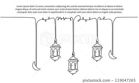 Islamic lantern continuous line design. Islamic architectural design concept. Celebration of Ramadan, Eid al-Fitr Eid al-Adha and Islamic New Year. Decorative elements drawn on a white background. 119047265