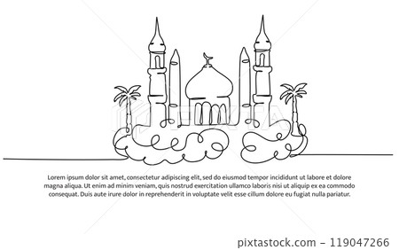 Mosque continuous line design. Islamic architectural design concept. Celebration of Ramadan, Eid al-Fitr Eid al-Adha and Islamic New Year. Decorative elements drawn on a white background. 119047266