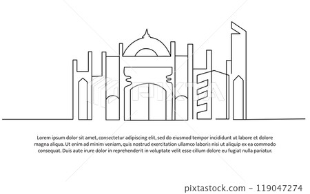 Continuous line design of modern mosque. Future building design concept. Decorative elements drawn on a white background. 119047274