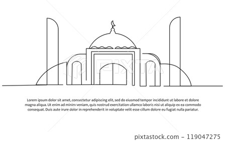 Continuous line design of modern mosque. Future building design concept. Decorative elements drawn on a white background. Continuous line design of modern mosque. Future building design concept. Decorative elements drawn on a white background. 119047275