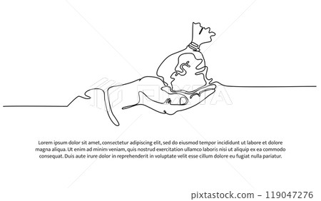Continuous line design of hand holding money. Charity and helping others design concept. Decorative elements drawn on a white background. Continuous line design of hand holding money. Charity and helping others design concept. Decorative elements drawn on a white background. 119047276