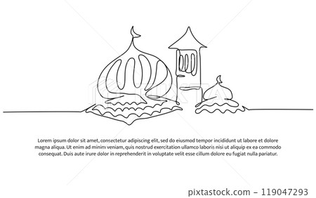 Mosque continuous line design. Islamic architectural design concept. Celebration of Ramadan, Eid al-Fitr Eid al-Adha and Islamic New Year. Decorative elements drawn on a white background. Mosque continuous line design. Islamic architectural design concept. Celebration of Ramadan, Eid al-Fitr Eid al-Adha and Islamic New Year. Decorative elements drawn on a white background. 119047293