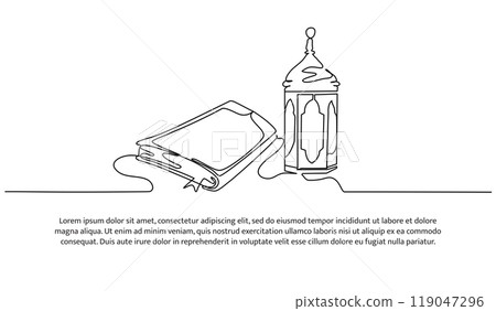 Holy Quran continuous line design. Decorative elements drawn on a white background. Holy Quran continuous line design. Decorative elements drawn on a white background. 119047296