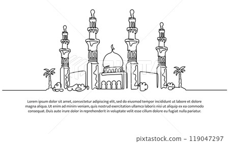 Mosque continuous line design. Islamic architectural design concept. Celebration of Ramadan, Eid al-Fitr Eid al-Adha and Islamic New Year. Decorative elements drawn on a white background. 119047297