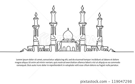 Mosque continuous line design. Islamic architectural design concept. Celebration of Ramadan, Eid al-Fitr Eid al-Adha and Islamic New Year. Decorative elements drawn on a white background. 119047298