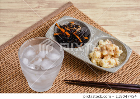 Shochu and water and snacks 119047454